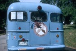 Greg Dahl’s “Dawn Buggy” bus, Raleigh, NC, showing shotgun blast of the black hand, subsequently repaired