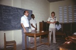 Counsellor Farzam Arbab, Georges Marcellus and Stuart North at a meeting at the Anís Zunúzí Bahá'í School (10/81)