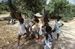 Carrie and Ian Smith-Dahl admiring the donkey in the village we were visiting near Port-au-Prince (7/82)