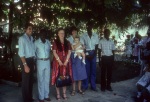 Rúhíyyih Khánum with Arnold Perreault, William Pamphile (caretaker of the Anís Zunúzí Bahá'í School), Matty and Jess Thimm, Alix Breaud and Enold Sériphin, Bahá’í Center, Port-au-Prince (11/82)