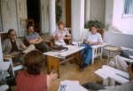 ?, Iraj Mazjoub, Stuart North, Ben Levy, meeting of the Administrative Council of the Anís Zunúzí Bahá'í School (6/83)