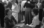 Mildred McClellan (left) talking with Carol Rutstein, wedding of Dawn Smith and Greg Dahl, Amherst, Mass. (10/74)