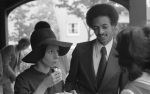 Sandy? and Carl Brown talking with Penny Walker, at wedding of Dawn Smith and Greg Dahl, Amherst, Mass. (10/74)