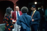 Juan Caban (red jacket), Vasudevan Nair (right), wedding of Dawn Smith and Greg Dahl, Amherst, Mass. (photo by David Walker, 10/74)