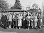 After the Feast of Ridván, at the Joyce & Arthur Dahl home in Palo Alto, California,  principal guests Emeric and Rosemary Sala. Emeric Sala center next to Arthur, Joyce & Roger Dahl, Valerie Wilson second from right. 4/21/1951