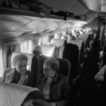 The Guardian's funeral, Pan Am flight to London, Edna True and Charlotte Linfoot, Elsie Austin behind, 11/57