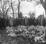 The Guardian's funeral, at grave after graveside service, Rúhíyyih Khánum (facing away), Mr. Samandari (with cane), 11/57