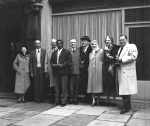 After the Guardian's funeral, l-r: ?, Aziz Yazdi, ?, Enoch Olinga. John Robarts, ????, in front of Hotel Normandie, London 11/12/1957