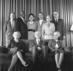 The National Spiritual Assembly in the Hazira, l-r Charles Wolcott, Ellsworth Blackwell, Florence Mayberry, Borrah Kavelin, Charlotte Linfoot, Arthur Dahl, seated Edna True, Horace Holley, Katherine True, 7/25/1959