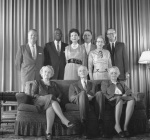 The National Spiritual Assembly in the Hazira, l-r Charles Wolcott, Ellsworth Blackwell, Florence Mayberry, Borrah Kavelin, Charlotte Linfoot, Arthur Dahl, seated Edna True, Horace Holley, Katherine True, 7/25/1959