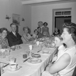 Roger Dahl’s birthday dinner, Western Pilgrim House. l-r ?, Paul Haney, Marjorie Haney, Roger Dahl, Keith Dahl, Doris Holley (at the foot of the table), Greg Dahl, Joyce Dahl, 5/60