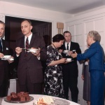 Borrah Kavelin, Dave Ruhe, Mildred Mottahedeh, ?, Katherine True at reception for Paul Haney, Wilmette, 4/61