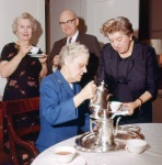 Rear: Harriet Wolcott and ?, front Katherine True and ? at reception for Paul Haney, Wilmette, 4/61