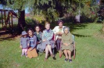 Mary Nakhjavani, Bahíyyih Nakhjavani, Violette Nakhjavani, Rúhíyyih Khánum, Mehran Nakhjavani, and Mamajan Banání (l-r), Florence, Mass. (10/75)