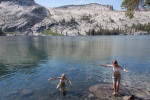 Dipping in the cold waters of May Lake at the High Sierra Camp, Yosemite, July