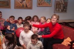 Mina celebrating her birthday in a restaurant in Blagoevgrad with her classmates and teacher Mrs. Markovska (in red), March