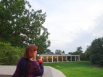 Mina at the library with a view of the dining hall, Bard College, August