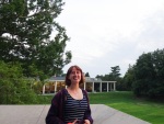 Mina at the library with a view of the dining hall, Bard College, August