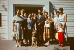 Group in front of Collins Hall, Geyserville (Melba & Eugene King front, Nancy Phillips and Joyce Dahl rear), 7/57 (from dupl.)