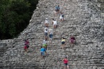 Gregory descending and Emi climbing the Mayan pyramid, Cobá, Yucatán Peninsula, Mexico, 17 July
