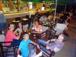 With friends at an eatery near our Sofia apartment, 6 July